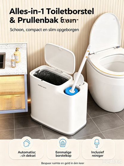 Geïntegreerde toiletborstel en afvalemmer alles-in-1 badkamer set, automatische deksel, wegwerpbare antibacteriële borstelkoppen met ingebouwde reiniger, 360° draaibaar, compact ruimtebesparend toilet accessoire