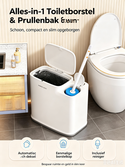 Geïntegreerde toiletborstel en afvalemmer alles-in-1 badkamer set, automatische deksel, wegwerpbare antibacteriële borstelkoppen met ingebouwde reiniger, 360° draaibaar, compact ruimtebesparend toilet accessoire