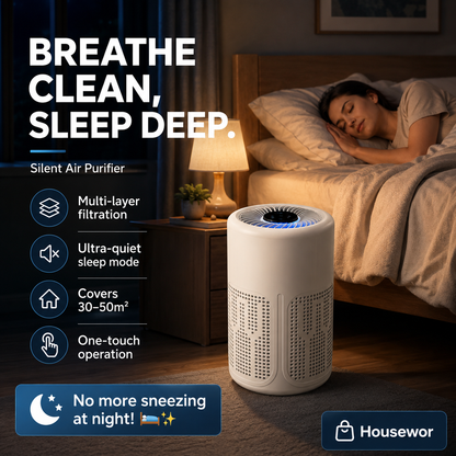 🥳 Stille Luchtreiniger – Meerdere filterlagen, ultra-stille slaapstand. Dekt 30-50m², één-knop bediening. Adem schoon, rust goed. Geen niesbuien meer 's nachts! 🛌✨