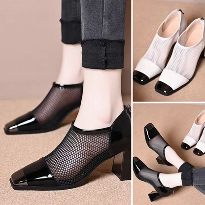 Damesmode Mesh Blokhak Vierkante Neus Schoenen