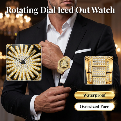 Heren ijsblok-horloge met draaiende wijzerplaat – sprankelende kristallen, precieze kwartsaandrijving & vlindersluiting