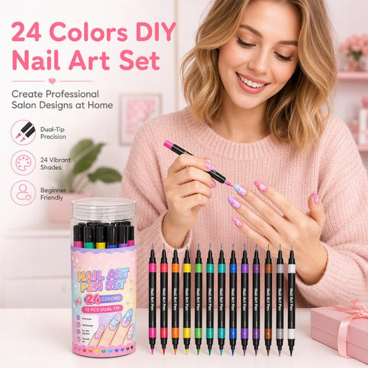 💥 Set van 24 dubbelzijdige nailartpennen in 24 kleuren – Creatief, salonkwaliteit, eenvoudig zelf te gebruiken ✨