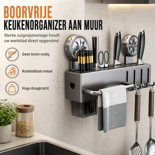 Multifunctioneel wandgemonteerd keukenrek zonder boren met zuignap voor messen en bestek