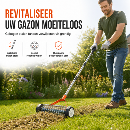 Verstelbare Gazonhark met Wielen voor Mos en Onkruid